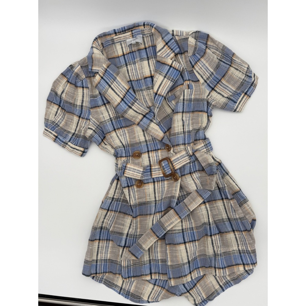 J.O.A. Just One Answer Blue Plaid Double Breasted Belted Romper Size M
